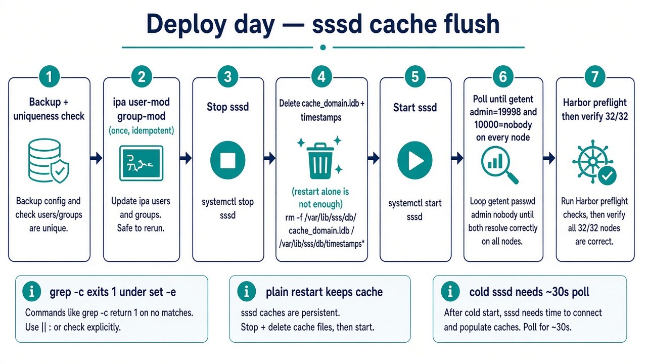 Deploy-day sequence: backup, idempotent ipa user-mod and group-mod, stop sssd, delete cache ldb and timestamps, start sssd, poll getent on every node, Harbor preflight and verify 32 of 32