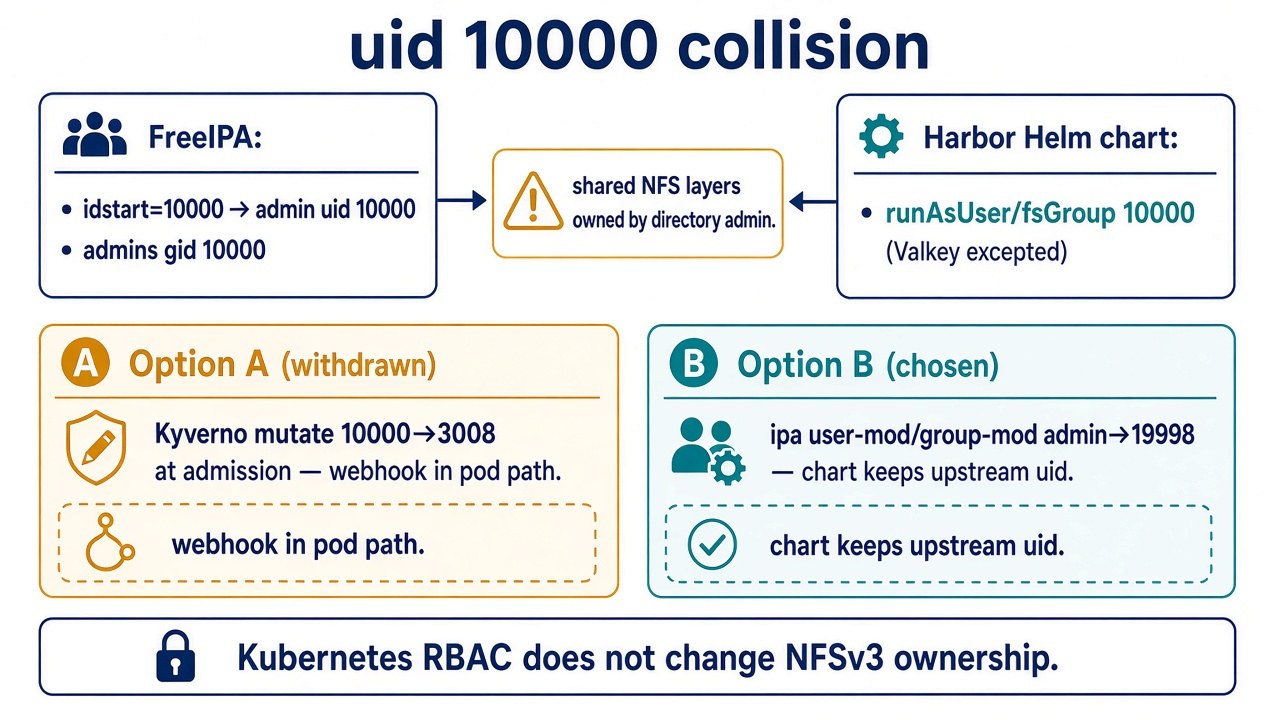 uid 10000 collision: FreeIPA admin and Harbor Helm chart both claim 10000 on shared NFS; Option A Kyverno mutate withdrawn; Option B move admin to 19998 chosen